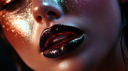 Obraz premium Close-up of a model's lips adorned with glitter and shimmering makeup at a creative photoshoot