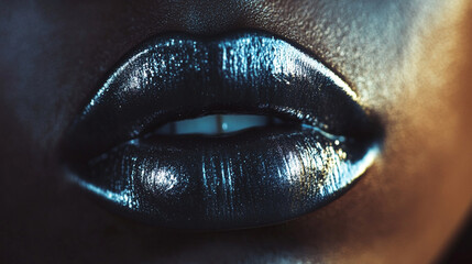 Glossy black lips highlighted in a close-up portrait showcasing dramatic makeup artistry