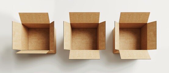 Three brown kraft cardboard boxes displayed from different angles on a white background, creating a realistic 3D effect. Ideal for packaging design, shipping, and product presentation.