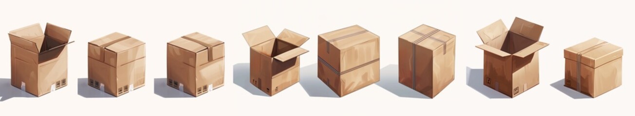 Multiple brown kraft cardboard boxes displayed from different angles in 3D on a white background. Ideal for packaging, delivery, and ecommerce branding mockups.