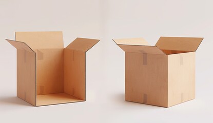 Two 3D brown cardboard boxes on a white background, shown from different angles. Suitable for product packaging, logistics, and branding mockups.