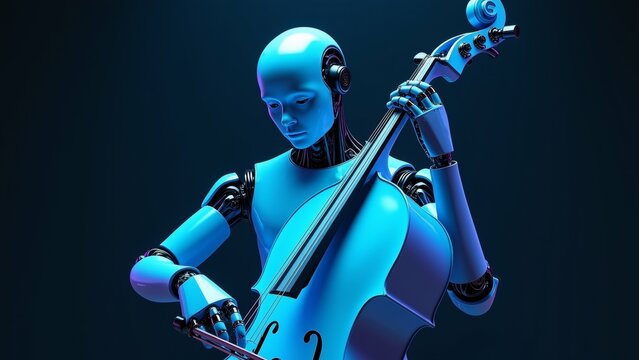 rendering humanoid robot playing cello robot blue color has sleek modern design holding cello its right hand its hand resting neck instrument cello has long neck curved body strings visible