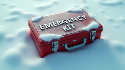 Red emergency kit resting on snow-covered ground during winter season