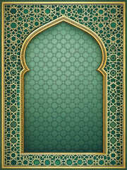 Obraz premium Islamic archway, green mosque design, ornate gold frame, background texture, greeting card