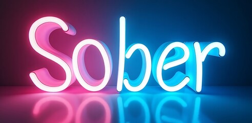 Neon sign displaying the word sober in pink and blue against a dark background