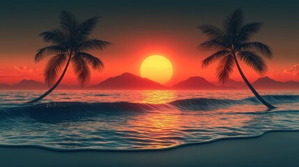 Tropical sunset beach, palm trees, ocean waves, vibrant colors, digital art, aesthetic, relaxation, vacation, travel