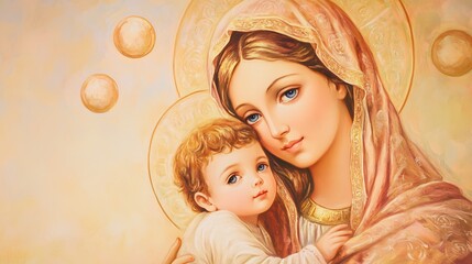 Portrait of the Virgin Mary holding little Jesus in her arms