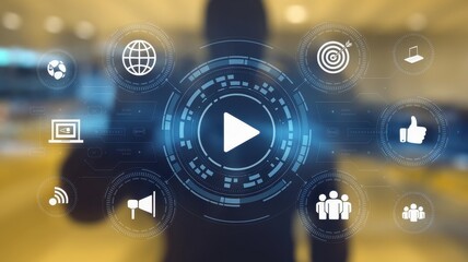 Obraz premium Social media marketing with central play button technology interface