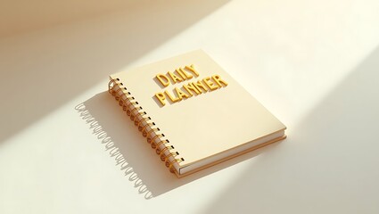 Daily planner with golden typography resting on a smooth surface and casting shadows