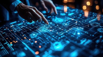 Executive analyzing digital data on interactive screen at night