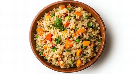 A bowl of quinoa with mixed vegetables. A healthy and delicious meal.