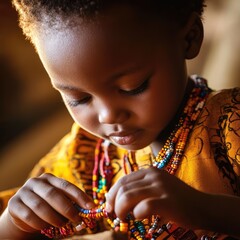A young girl is wearing a necklace with beads and is looking at the camera