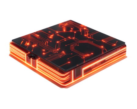 Futuristic microchip with glowing circuits representing artificial intelligence.