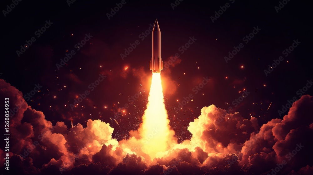 Aufkleber rocket launching against a dramatic backdrop of fiery clouds and bright sparks in a nighttime sky. g