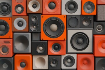 Wall of square speaker boxes in orange and gray tones