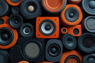 collection of orange and gray speakers