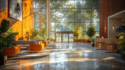 Sunlit lobby with seating, plants, and exit