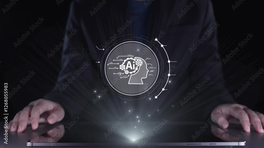 Poster human interact with ai artificial intelligence brain processor in concept of ai artificial intellige