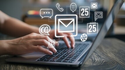 Person types on a laptop with communication icons overlayed