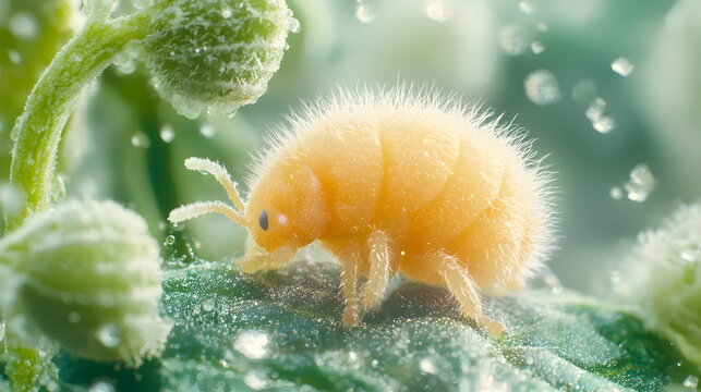 Fluffy yellow springtail insect on leaf, raindrops falling, nature macro photography, for science education