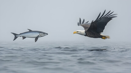 Bald eagle hunting salmon in foggy coastal waters
