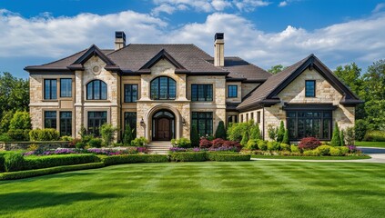 Fototapeta premium Magnificent Stone Mansion with Lush Landscaping