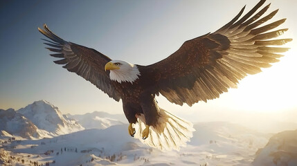 Fototapeta premium Majestic Bald Eagle Soaring Over Snowy Mountains at Sunrise