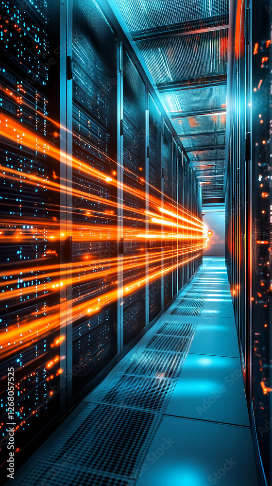 Poster Futuristic data center with rows of servers, orange light streaks representing data transfer, symbolizing high-speed technology, cloud computing, and digital connectivity.