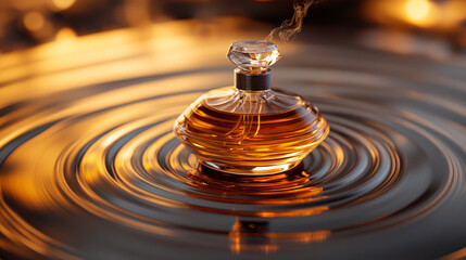 Captivating amber perfume bottle creating ripples in tranquil water at sunset