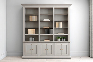 Fototapeta premium Gray bookcase, books, plants, room, interior design, home decor, storage, shelving, minimalist, apartment