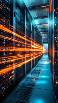 Futuristic data center with rows of servers, orange light streaks representing data transfer, symbolizing high-speed technology, cloud computing, and digital connectivity.