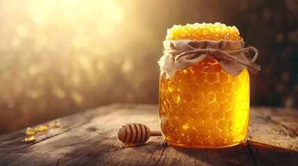 Golden Honeycomb Jar Rustic Wooden Table Setting