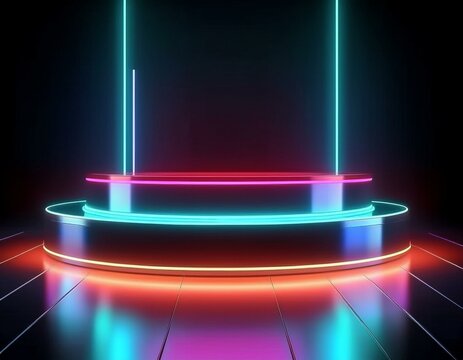 Neon lights on a podium in a dark room.