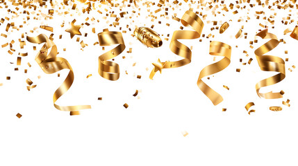 Golden confetti and falling shiny ribbons