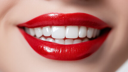 Fototapeta premium Close-up of glossy red lips with perfect white teeth - beauty and fashion concept isolated on white background.
