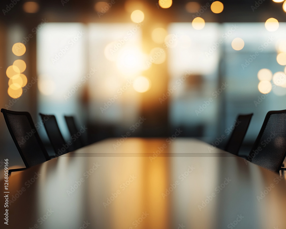 Poster blurred image of an empty conference room with a table and chairs, with a warm light setting the ton
