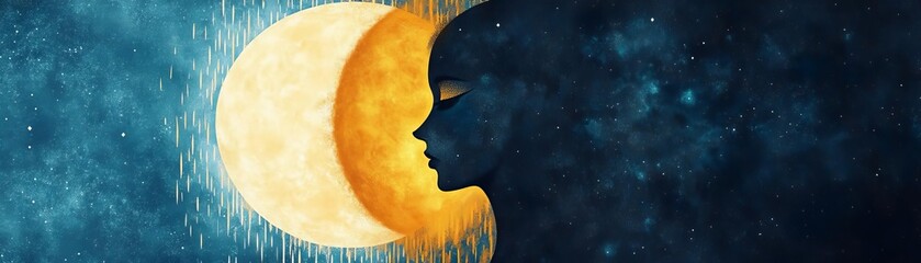 Naklejka premium Abstract moon goddess with one half bathed in lunar rain, the other shadowed by cosmic storm