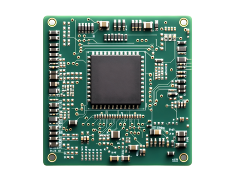 Green circuit board microchip with intricate pathways and soldered components.