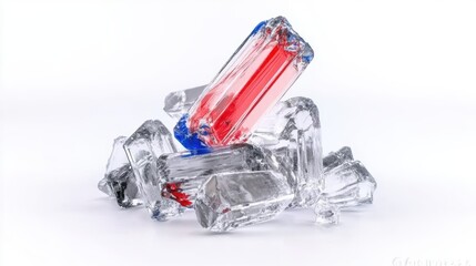 A pile of clear ice with a red and blue object on top.