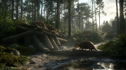 Forest rodent near lumber pile, sunrise, deforestation background