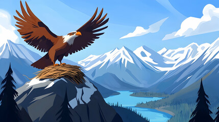 Fototapeta premium Majestic eagle landing on mountaintop nest overlooking serene valley, ideal for nature documentaries or travel brochures