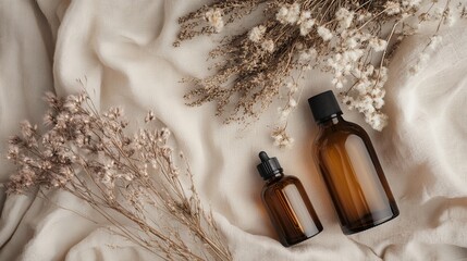 Skincare composition with amber glass bottles on soft linen fabric
