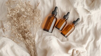 Skincare flat lay with amber glass bottles and dried flowers
