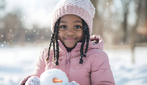 Smiling African girl in winter attire builds snowman in a snowy park during a sunny day