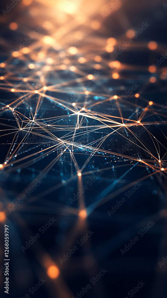 Poster abstract network of glowing blue and orange lines and dots, representing connections and data transf