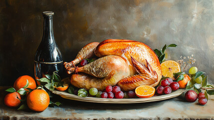 Perfectly roasted thanksgiving turkey on platter with citrus garnish - delicious holiday feast, crispy skin and juicy meat.