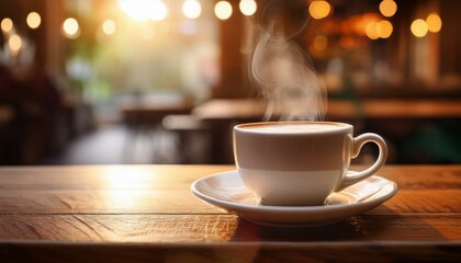 close up of a steaming hot cup of freshly brewed coffee resting on a rustic wooden table with a blurred cafe ambiance in the soft background