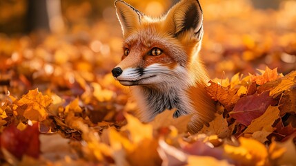 Fototapeta premium Charming and Curious Little Fox Playfully Peeking Out From a Pile of Crunchy and Colorful Autumn Leaves, Fun and Cute Vibe