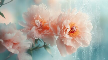 Soft peonies behind a foggy glass panel with condensation