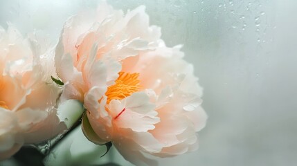 Soft peonies behind a foggy glass panel with condensation